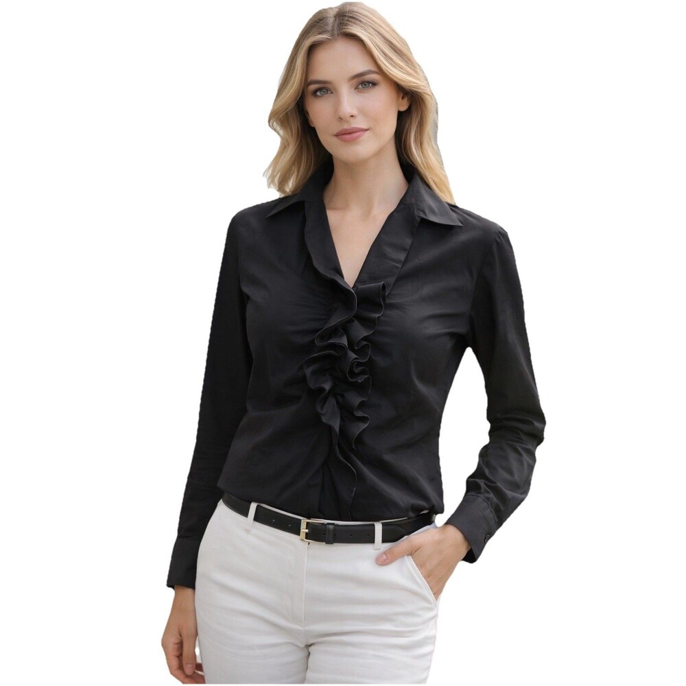 nara camicie Ruffle Front Collared Button Up Size Large Black Coquette